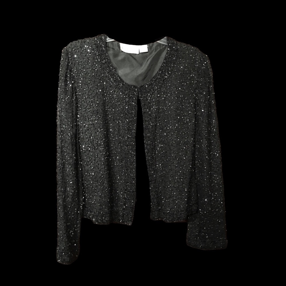 Laurence KAZAR beaded 100% silk evening jacket, black, women’s size XL